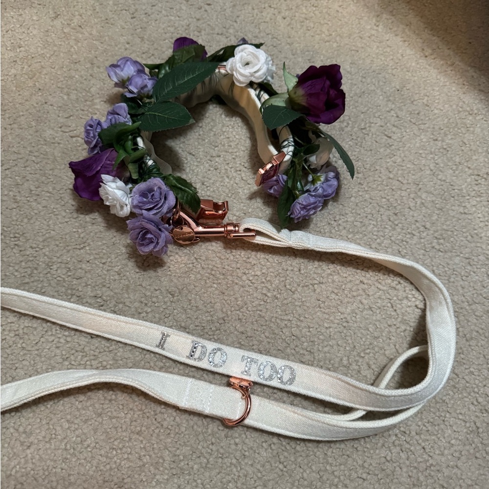 Floral Dog Collar and Leash with Purple and White Flowers